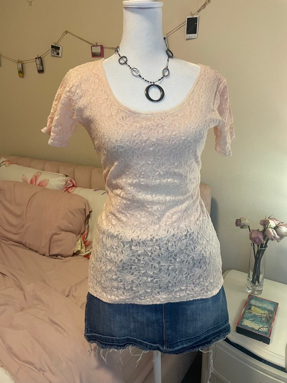 light pink lace short sleeve top
